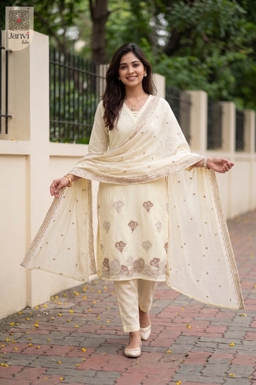 Front angled view of the flared silhouette of Ivory Whisper for women's black dresses with sleeves.