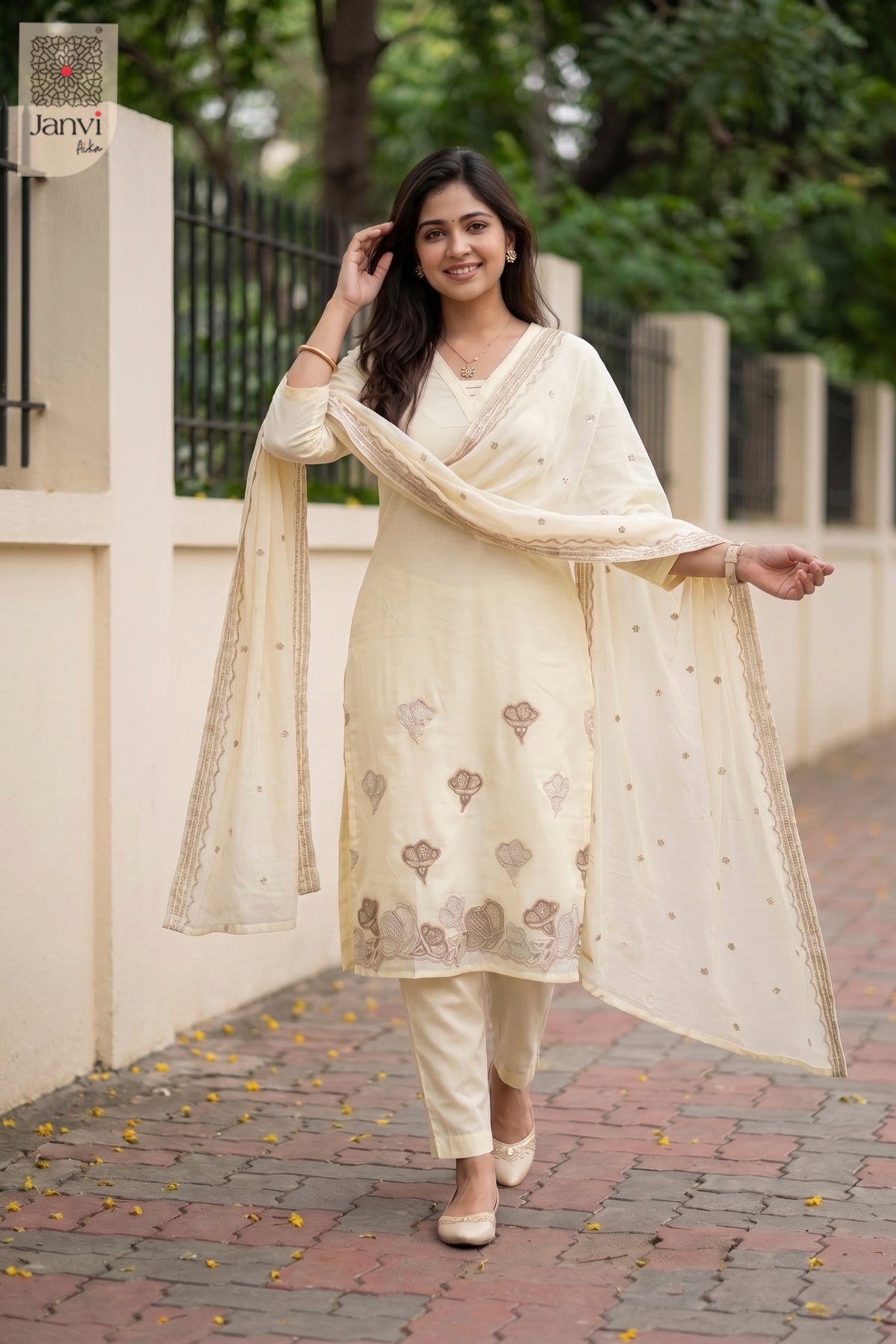 Close-up of bodice and embroidery of Ivory Whisper for indian party wear dress for ladies.