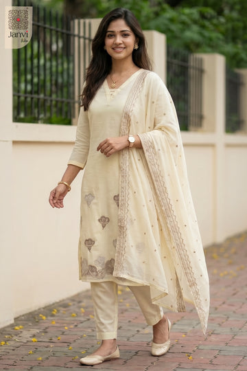 Side profile view of Ivory Whisper showcasing design for simple party wear dress for ladies.