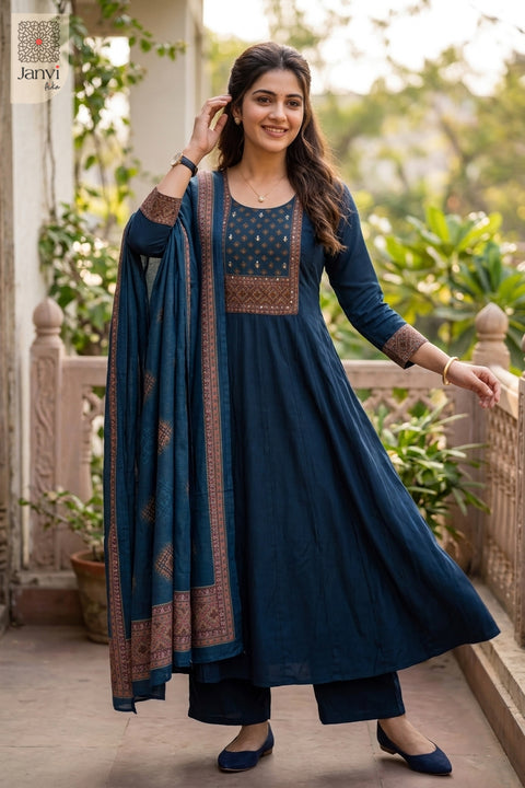 Navy blue printed long anarkali dress with dupatta featuring border and trousers.