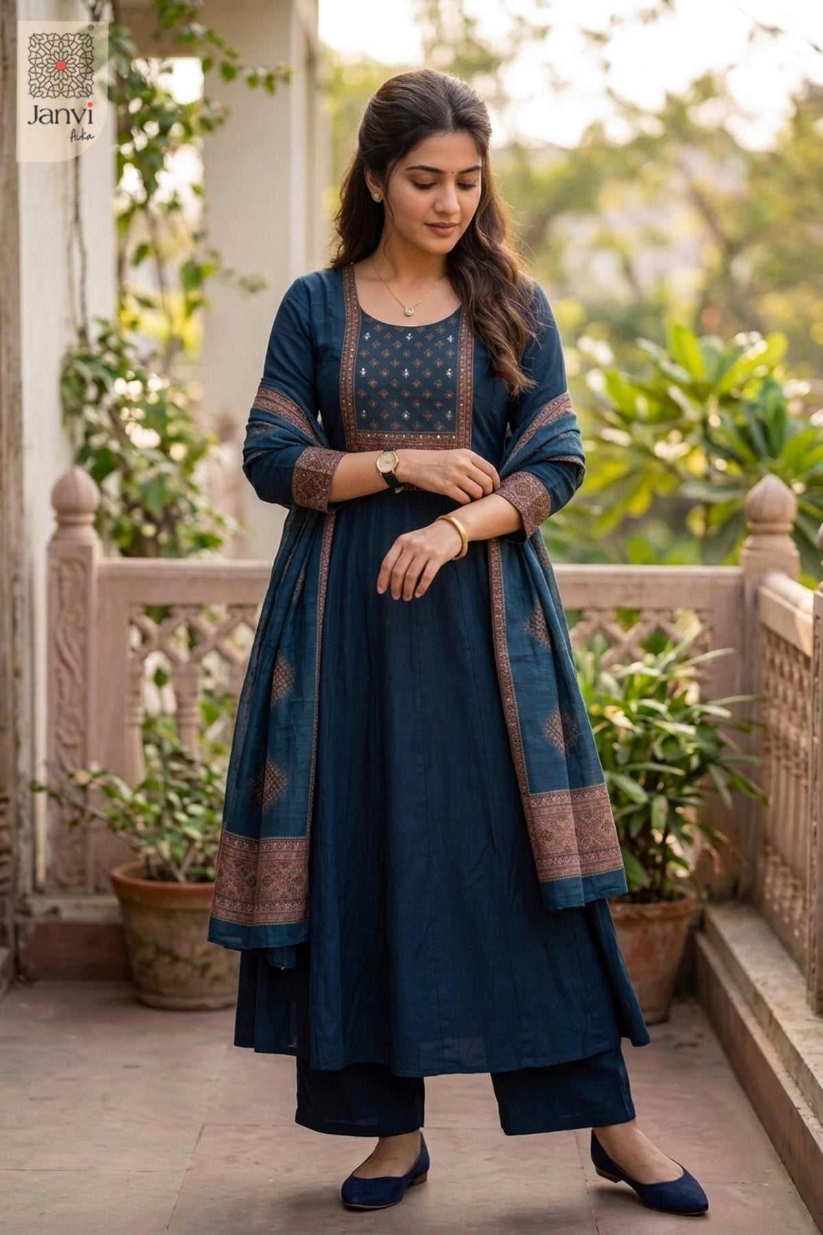 Full sequence standing pose in a navy blue printed georgette anarkali kurti set.
