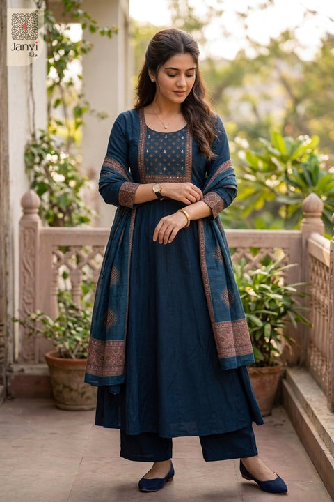 Full sequence standing pose in a navy blue printed georgette anarkali kurti set.