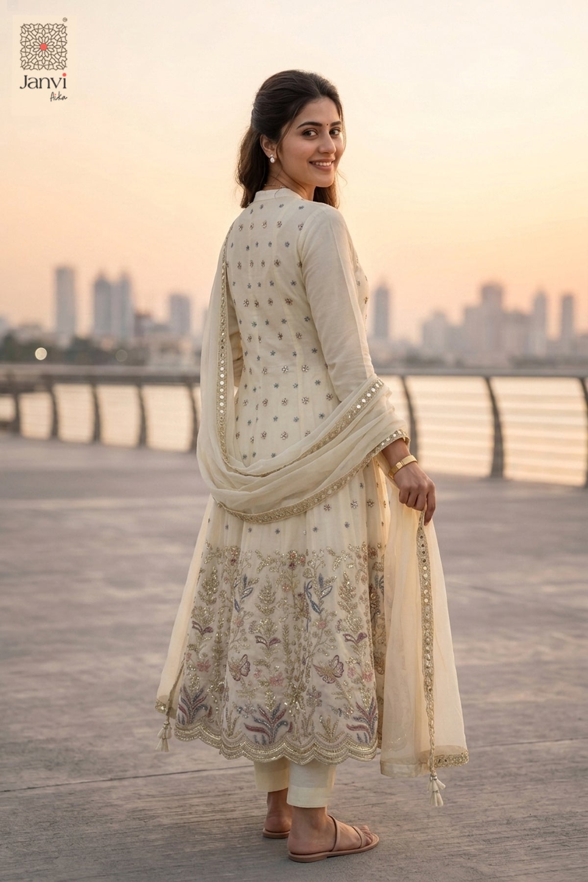 Full length front view of a half white embroidered georgette anarkali dress set.