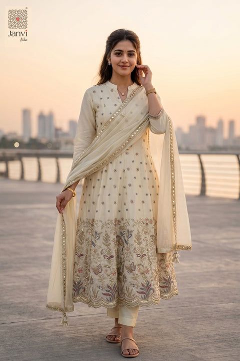 Half white long anarkali dress with dupatta featuring scalloped lace embroidery.