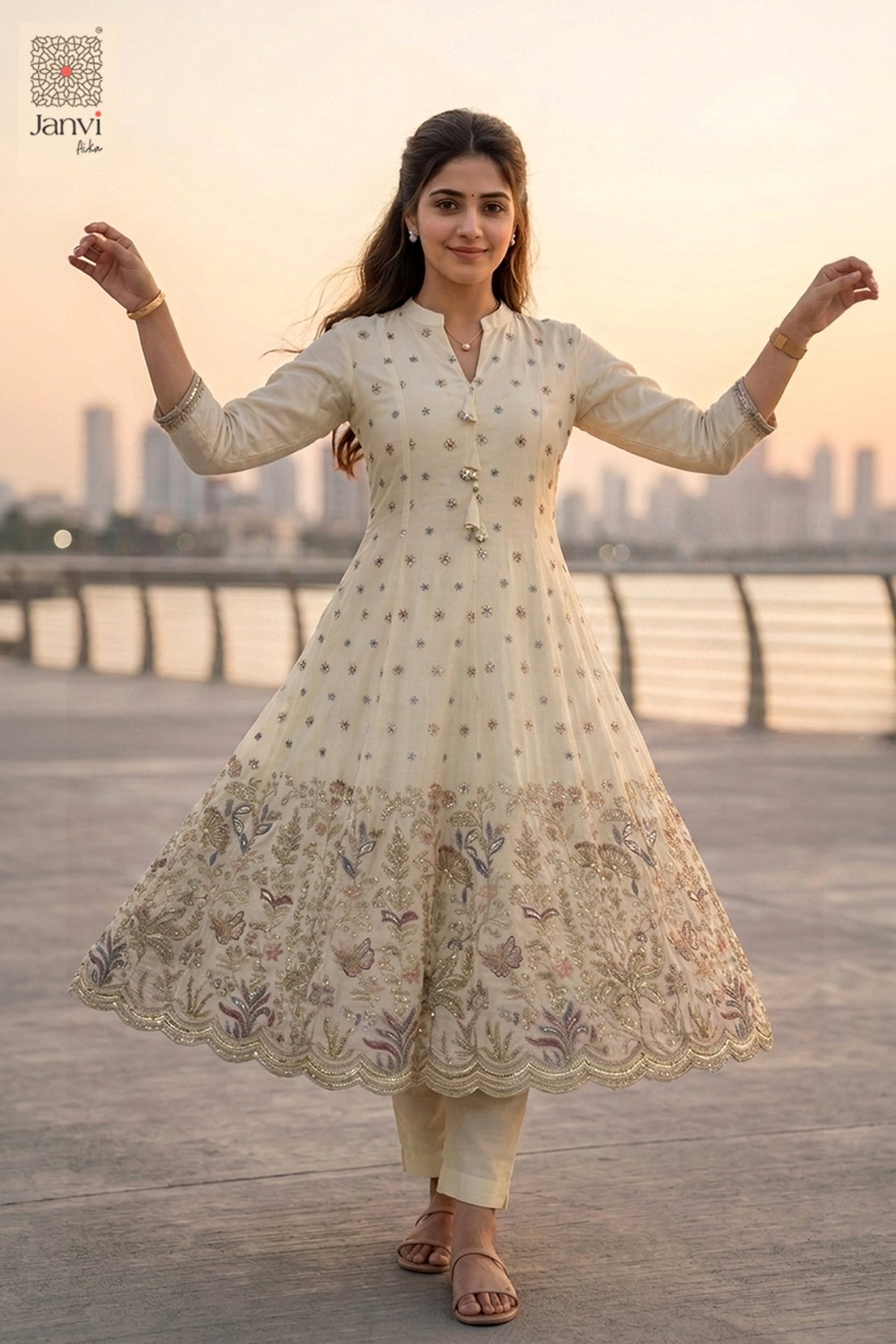 Full twirling flare shot of a flowy half white embroidered anarkali kurta attire.
