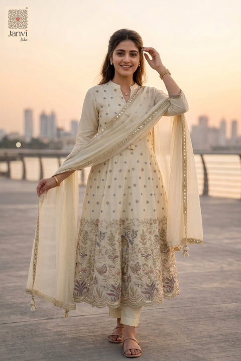 Outdoor sequence pose in a half white floral embroidered anarkali lehenga dress.