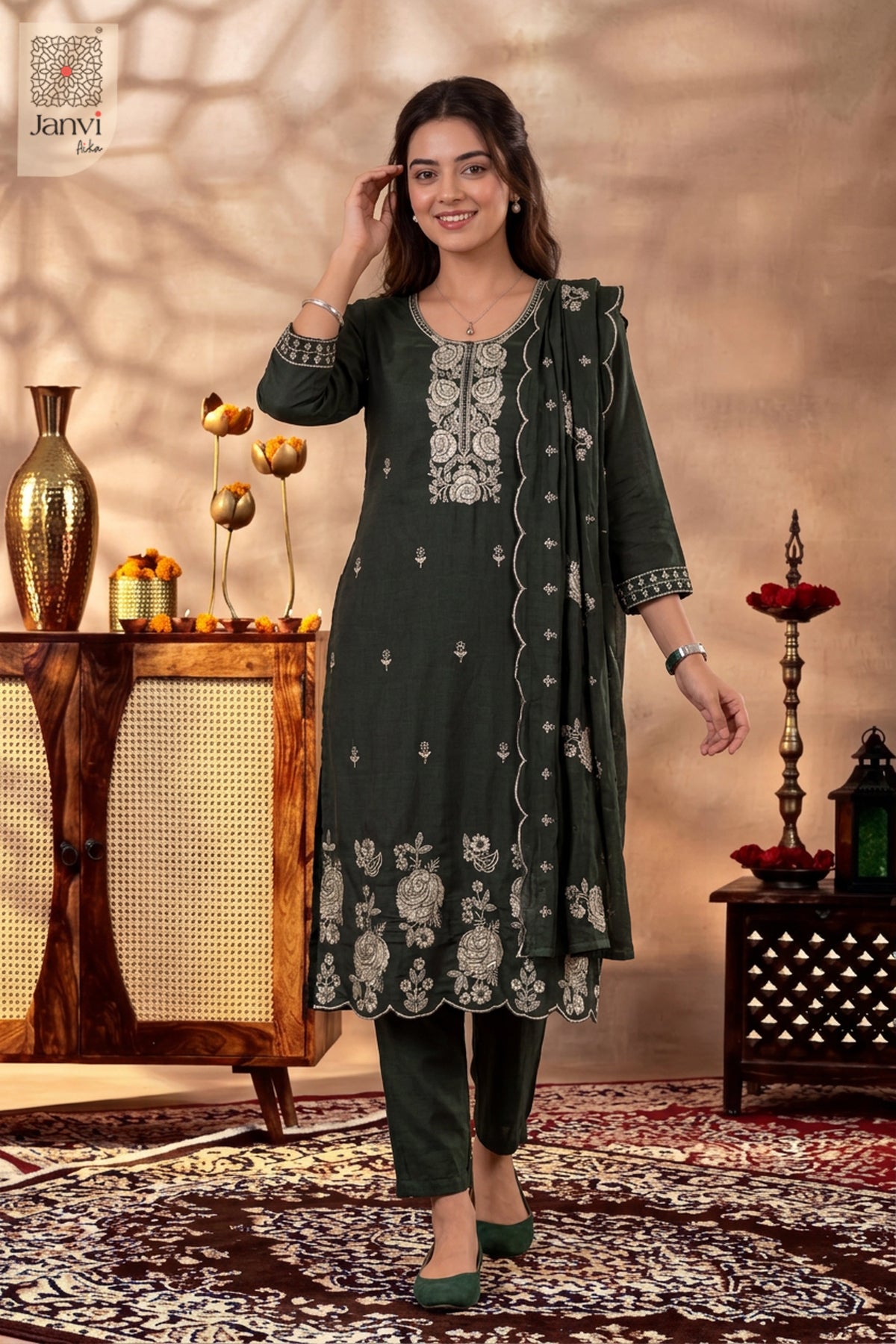 Juniper Green Vintage Vine Embroidered Round Neck Kurti