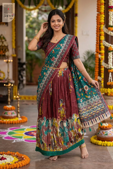 Front full standing shot of a half saree as a beautiful women lehenga saree for weddings.