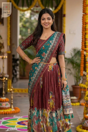 Front full standing shot of a half saree as a beautiful lehenga model saree for weddings.