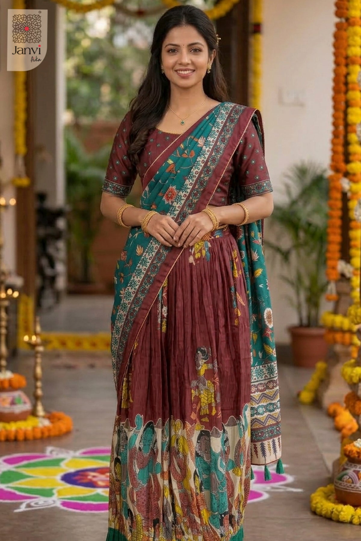 Front full standing shot of a half saree as a beautiful traditional half saree for weddings.