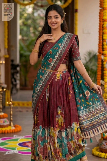 Front full standing shot of a half saree as a beautiful lehenga saree online india.