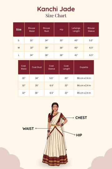 Official size chart and measurement guide for Kanchi Jade silk lehenga saree collection.
