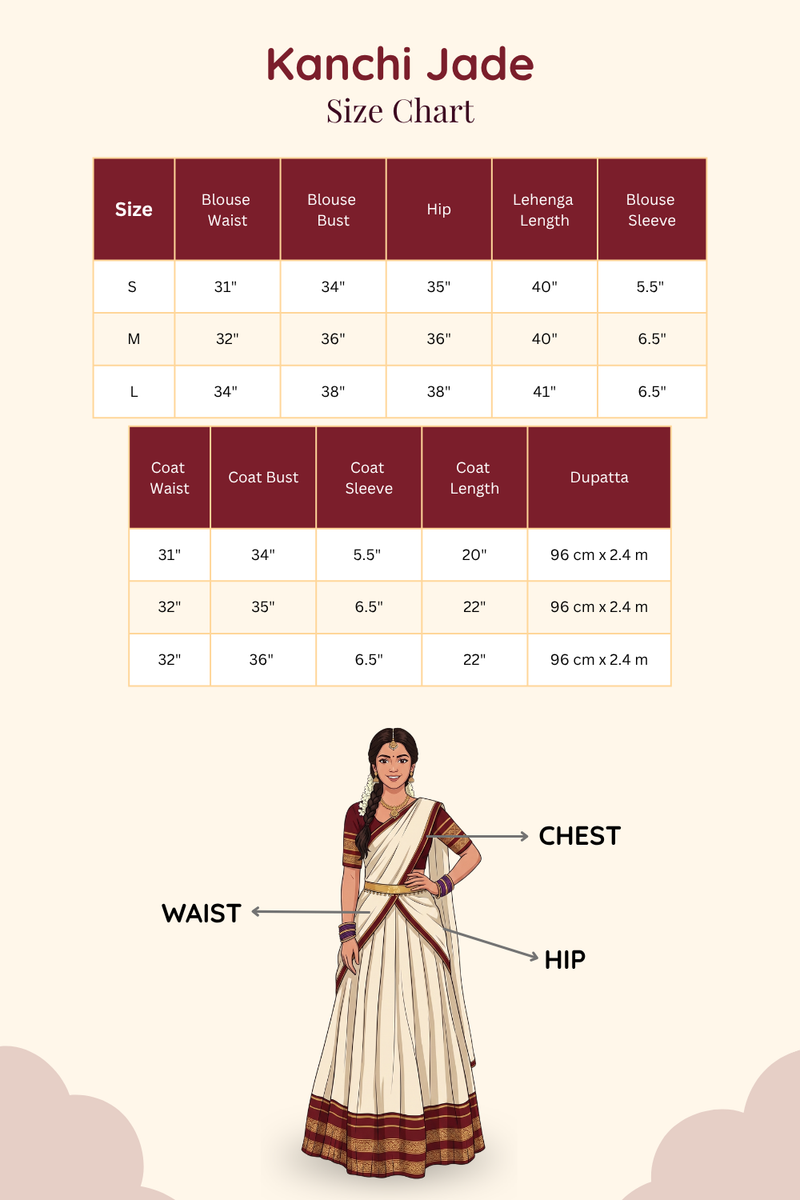 Official size chart and measurement guide for Kanchi Jade silk lehenga saree collection.