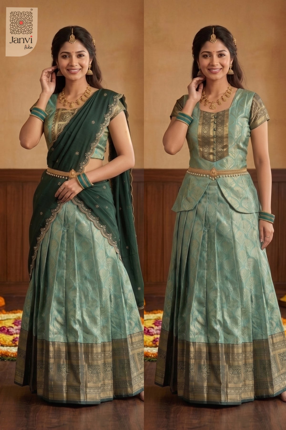 Dual style collage showing draped and peplum blouse lehenga saree photos in jade green.