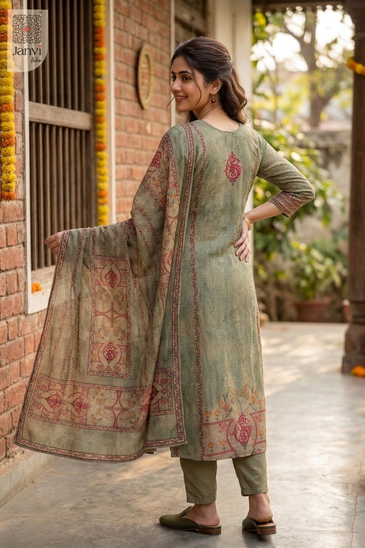 Rear view of a muted olive green printed anarkali kurta with draped silk dupatta.