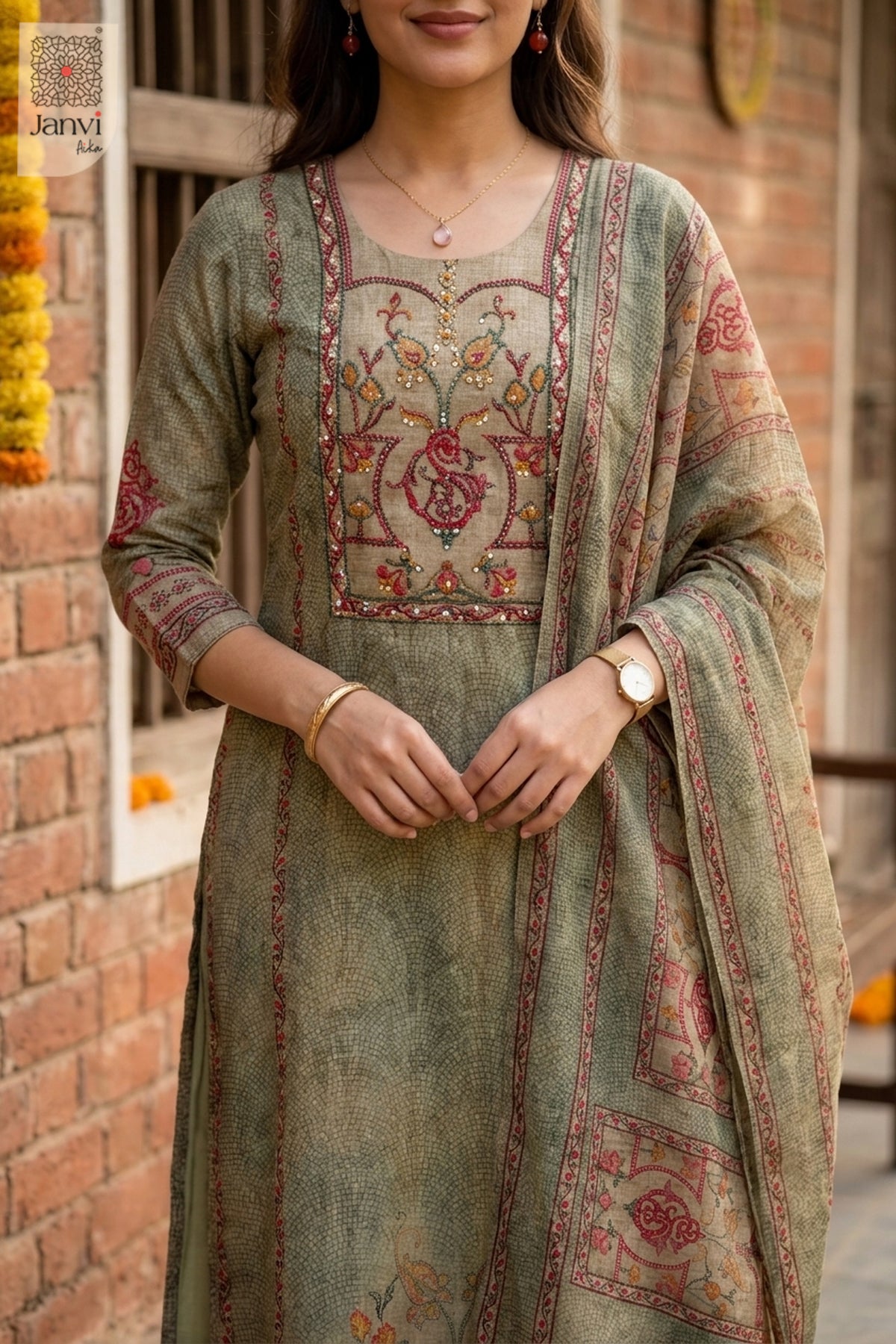 Close up shot of neckline work on a muted olive green short anarkali kurti yoke.