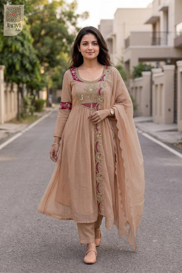 Light peach embroidered long anarkali dress with dupatta and scalloped border edge.