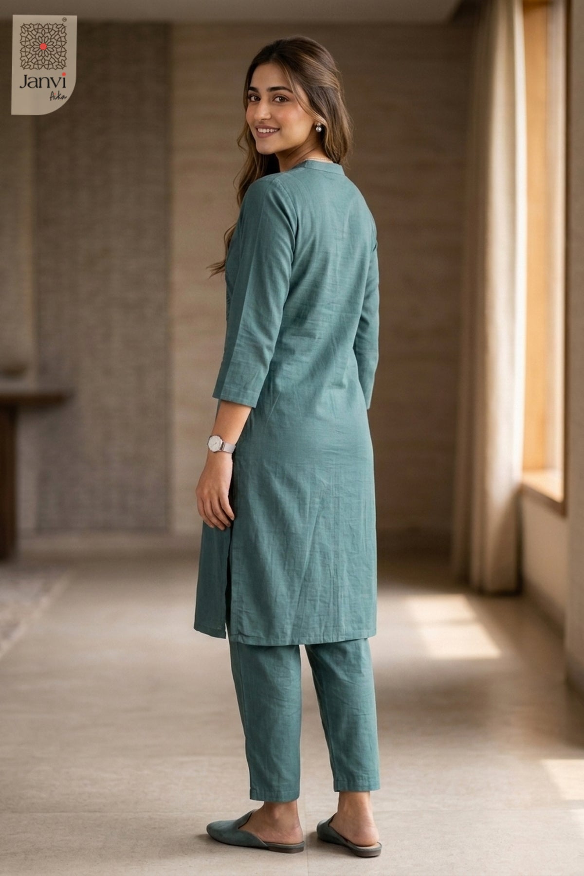 Back view of Lagoon Luxe in light green mulmul cotton from the 2 piece outfits for ladies range.
