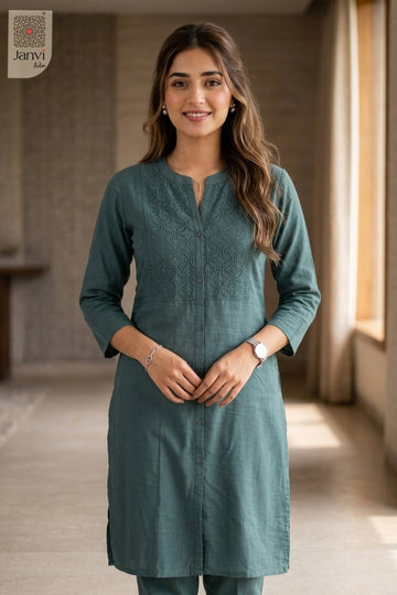 Close-up of Lagoon Luxe from the 2 piece outfits for ladies range showing tonal front embroidery.
