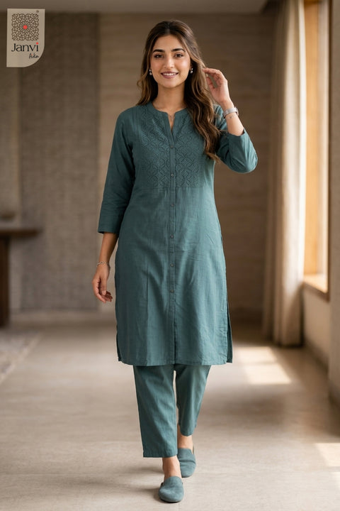Walking pose of Lagoon Luxe in light green from the 2 piece outfits for ladies collection.