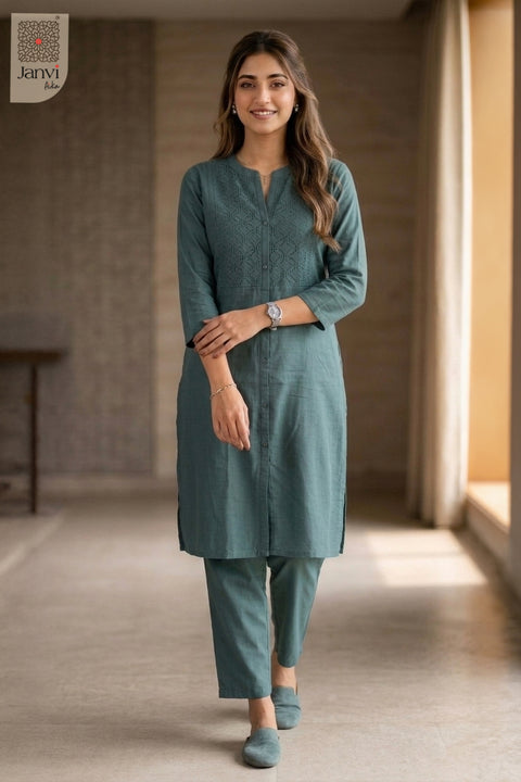 Standing front view of Lagoon Luxe in light green from the 2 piece outfits for ladies collection.