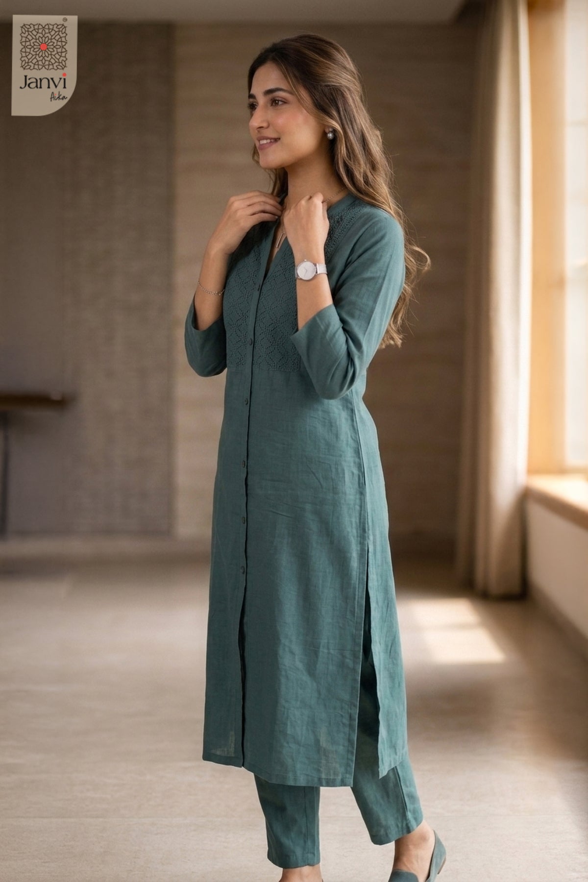 Three-quarter view of Lagoon Luxe from the 2 piece outfits for ladies range with elbow sleeves.