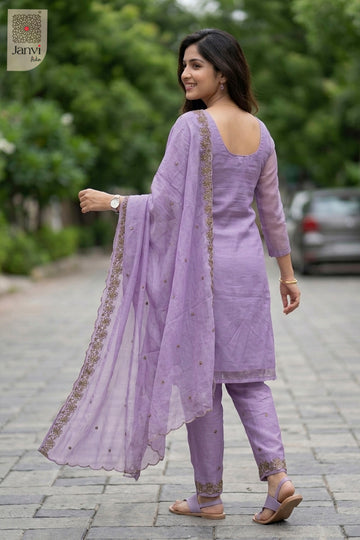 Front angled view of the flared silhouette of Lavender Silk for birthday party dresses for ladies.