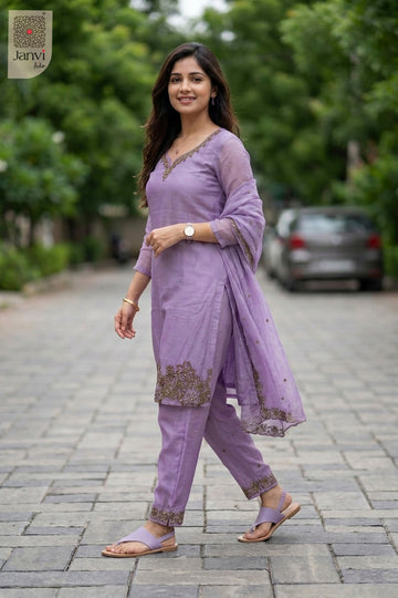 Waist-up front view of Lavender Silk Blend presenting style for black traditional dress for women.