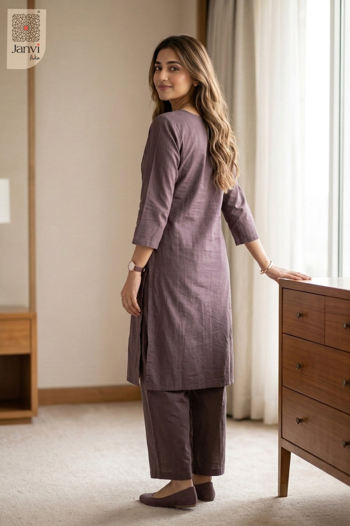 Back view of Lilac Grace in light violet mulmul cotton from the 2 piece outfits for ladies range.