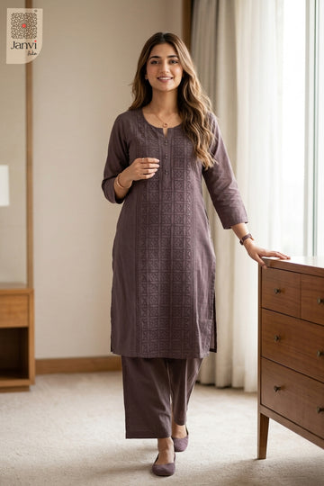 Standing front view of Lilac Grace in light violet from the 2 piece outfits for ladies collection.