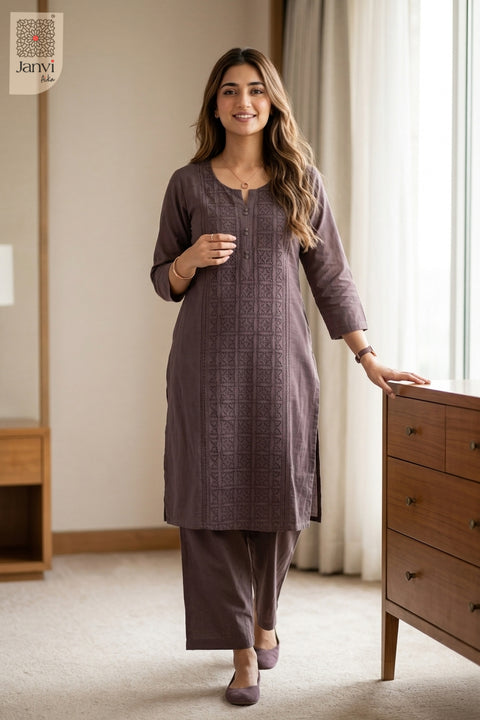 Standing front view of Lilac Grace in light violet from the 2 piece outfits for ladies collection.