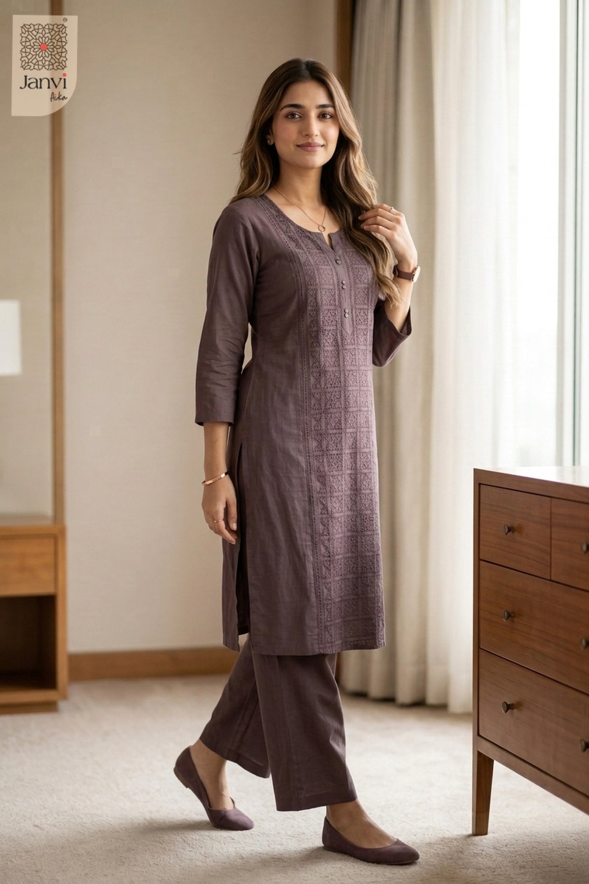 Walking pose of Lilac Grace in light violet from the 2 piece outfits for ladies collection.