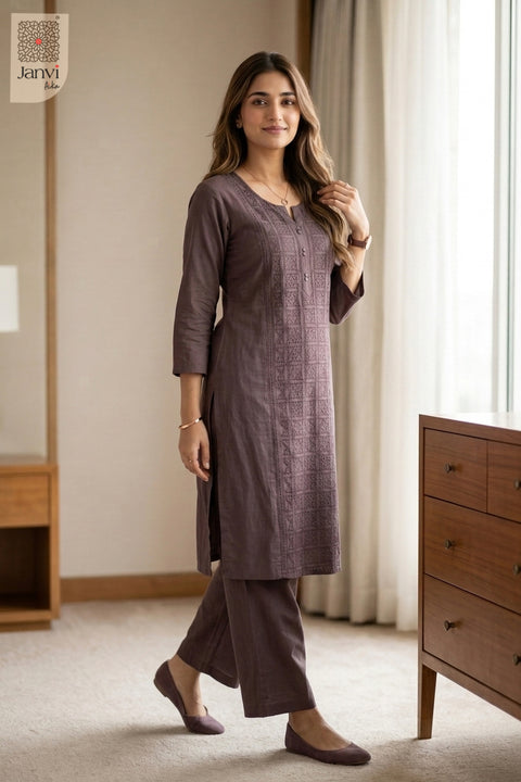 Walking pose of Lilac Grace in light violet from the 2 piece outfits for ladies collection.