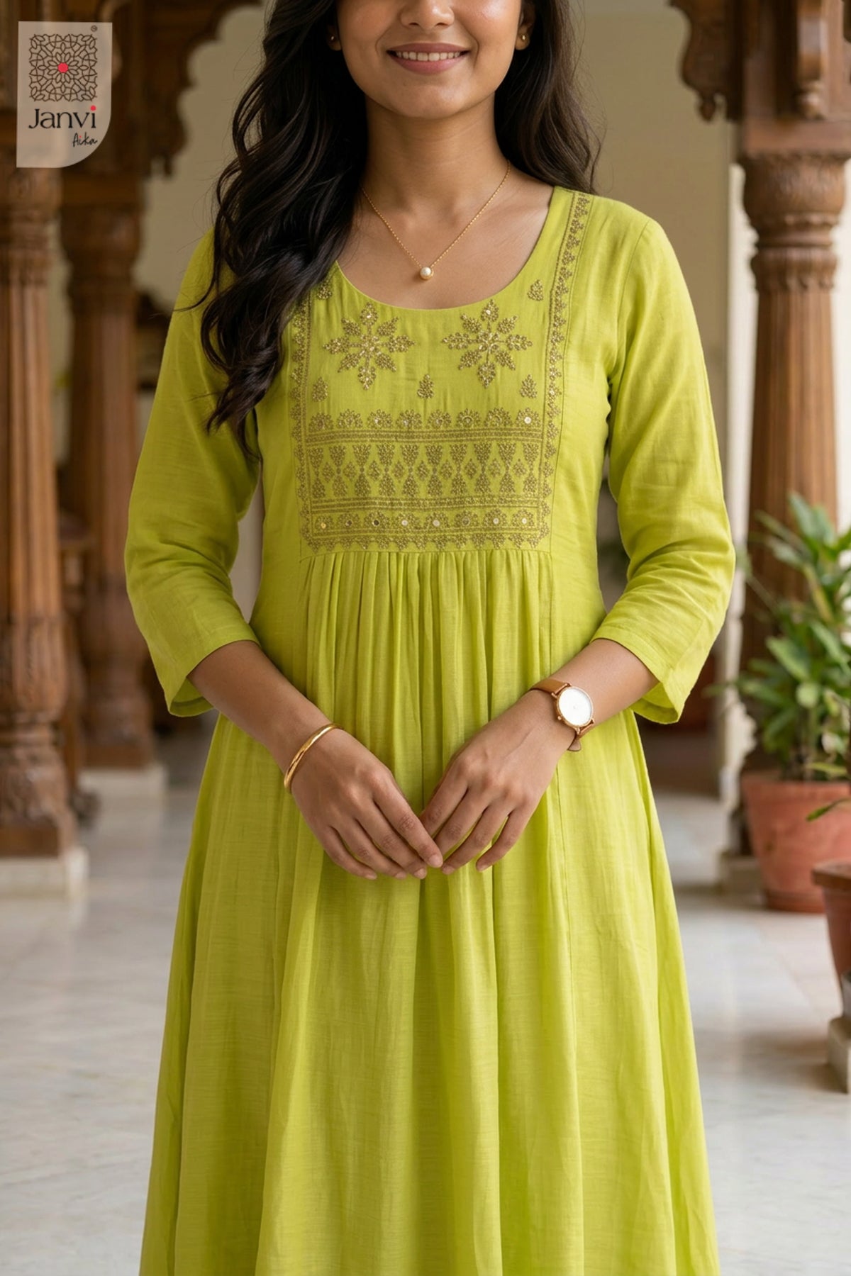Close-up of bodice and embroidery of Lime Regalia Top for black and white dresses for women.