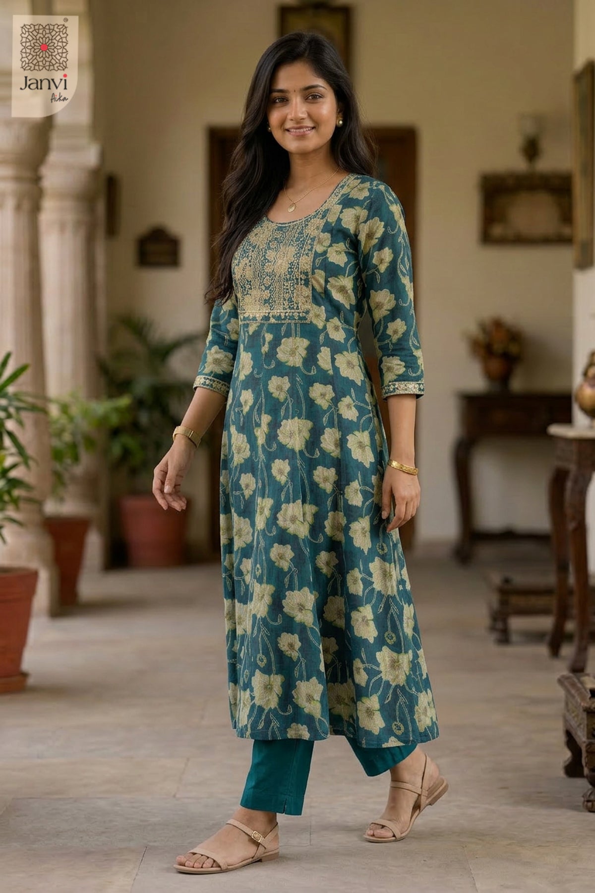 Side profile view of Luminous Lagoon showcasing design for readymade party wear suits online.