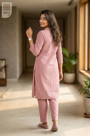 Back view of Luxey Soft Rose in light pink mulmul cotton from the 2 piece outfits for ladies range.