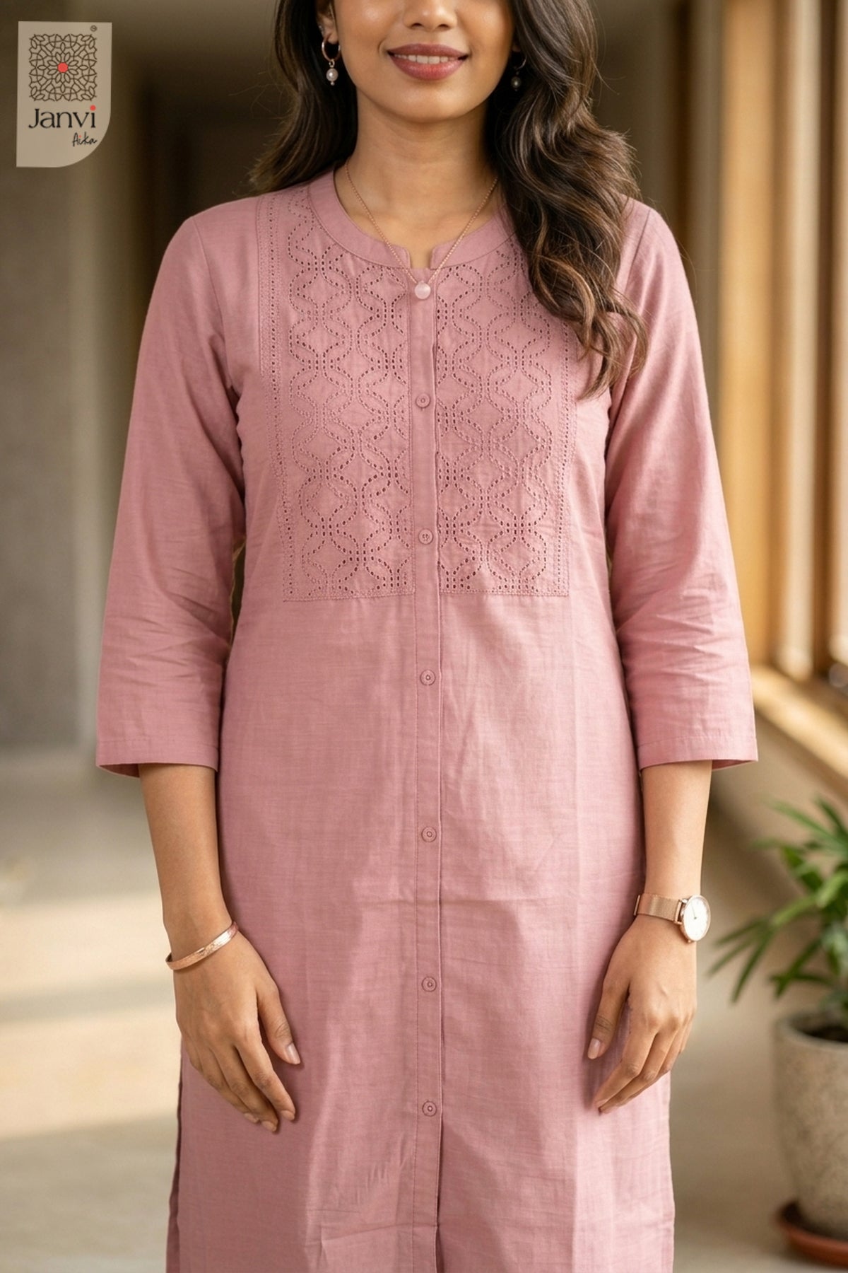 Close-up of Luxey Soft Rose in the 2 piece outfits for ladies range with tonal embroidery.