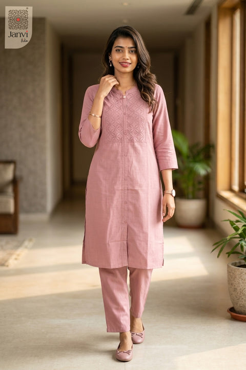 Standing front view of Luxey Soft Rose in light pink from the 2 piece outfits for ladies collection.
