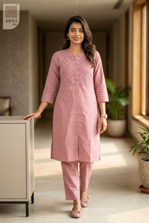 Walking pose of Luxey Soft Rose in light pink from the 2 piece outfits for ladies collection.