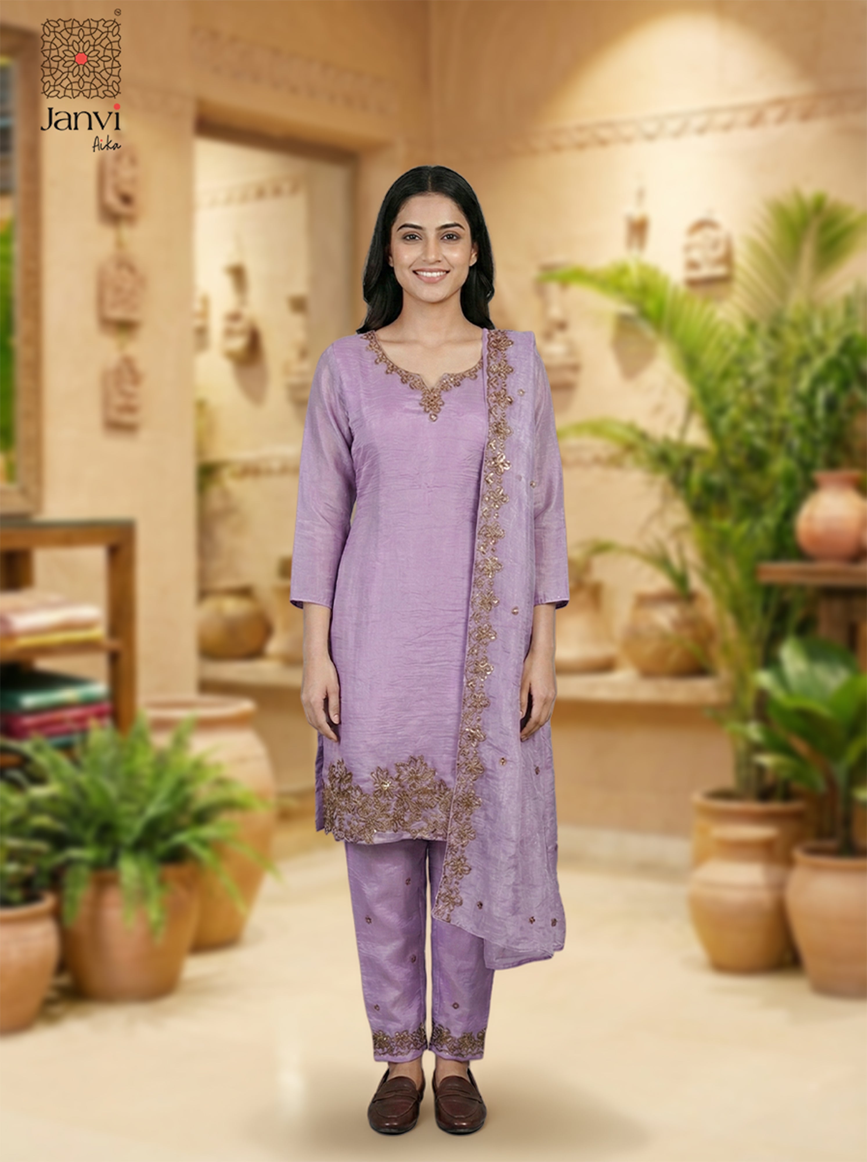 Lavender Silk Blend Embroidered Chudidhar Set – Elegant Festive Wear