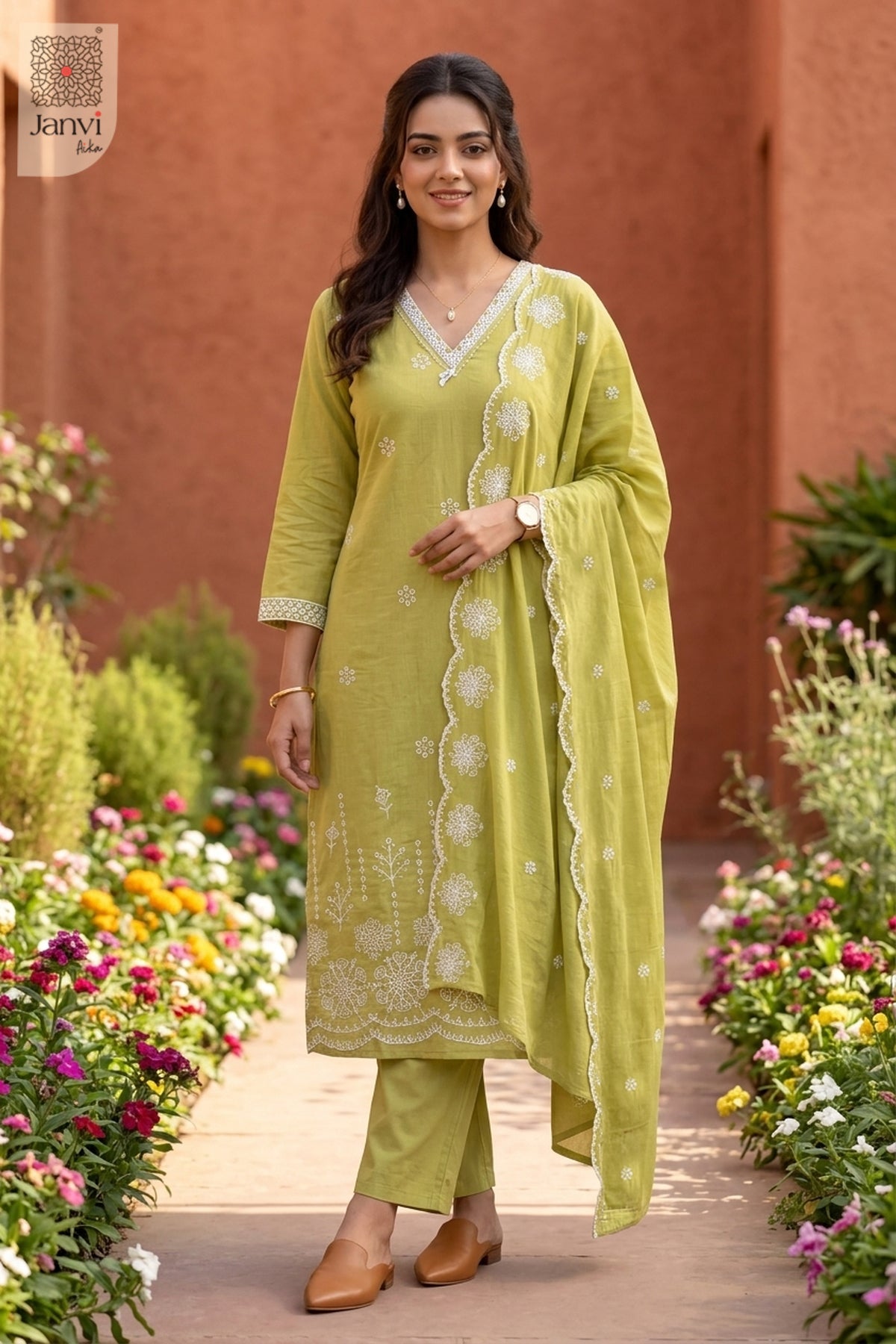 Lime Blossom Lace V Neck Kurti