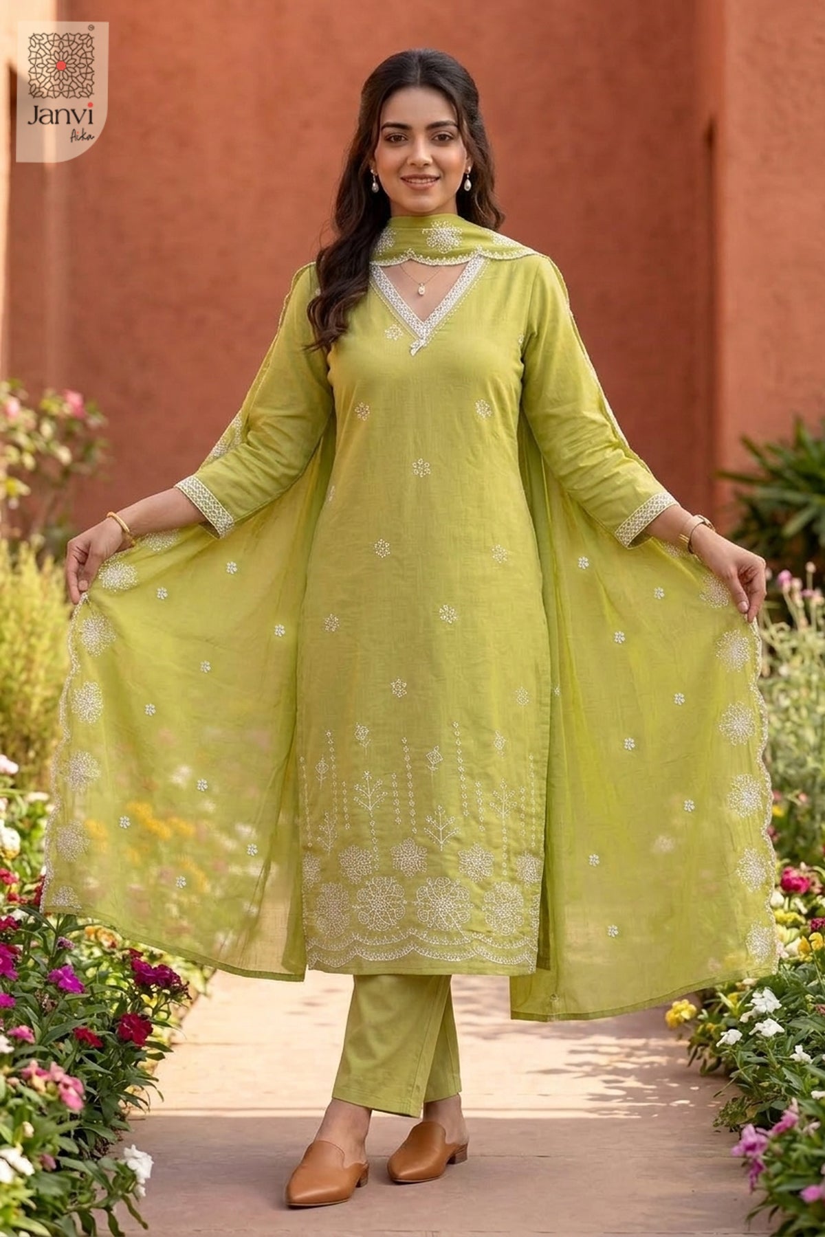 Lime Blossom Lace V Neck Kurti