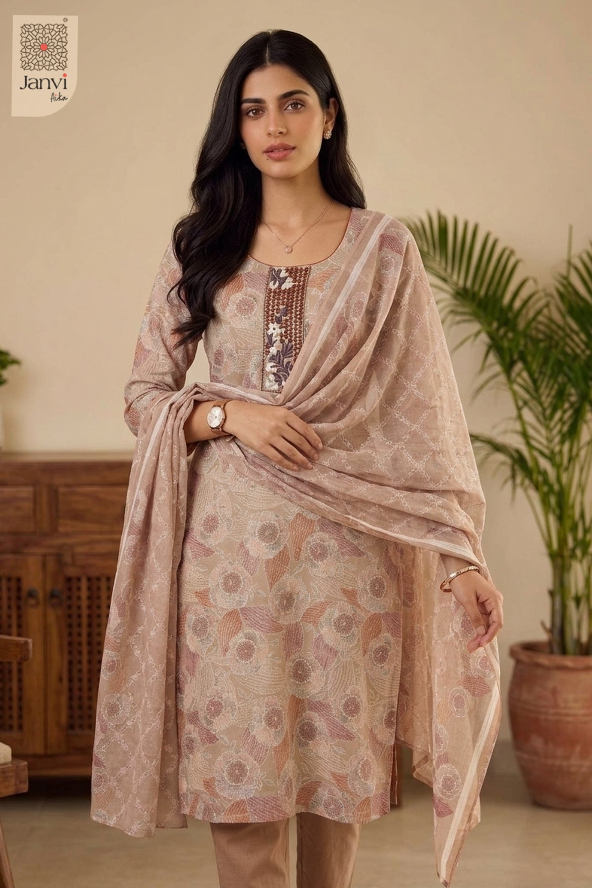 Indoor portrait highlighting intricate sequin yoke on light peach red silk churidar set.