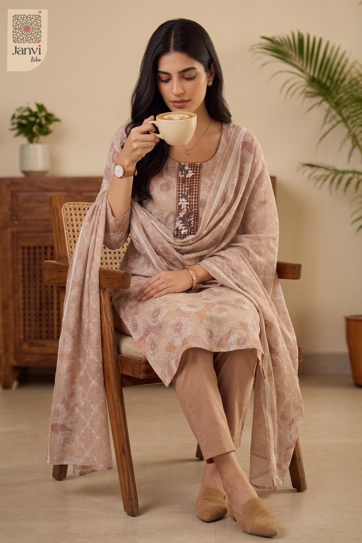 Seated indoor pose holding a tea cup wearing light peach red churidar set readymade.