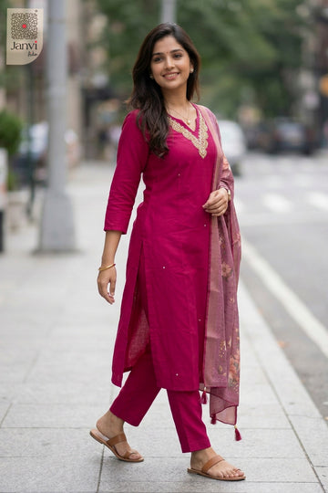 Side profile view of Magenta Mist showcasing design for kurti pant set with dupatta party wear.