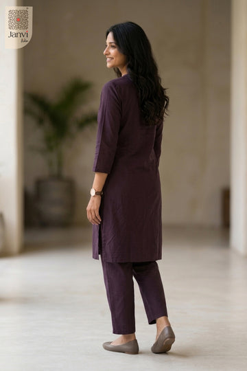 Back view of Majesty Nirvi in wine mulmul cotton from the 2 piece outfits for ladies range.