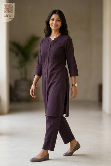 Walking pose of Majesty Nirvi in wine from the 2 piece outfits for ladies collection.