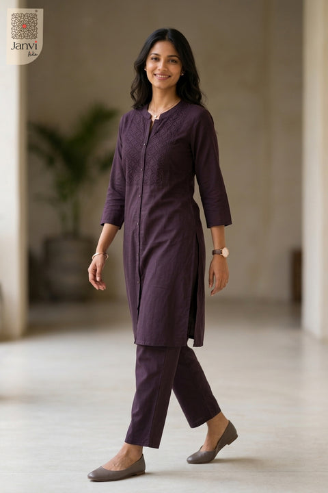 Walking pose of Majesty Nirvi in wine from the 2 piece outfits for ladies collection.