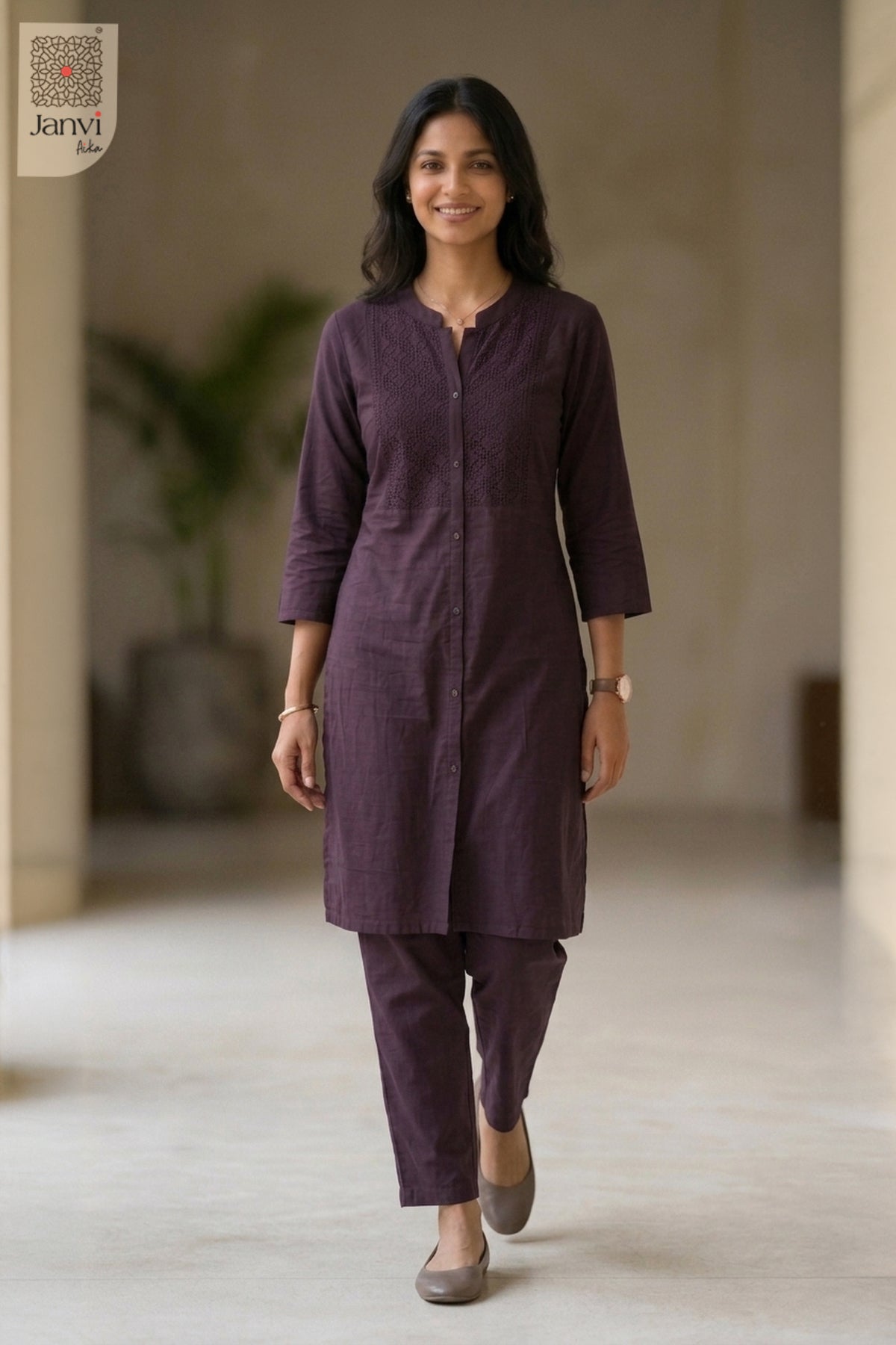Standing front view of Majesty Nirvi in wine from the 2 piece outfits for ladies collection.