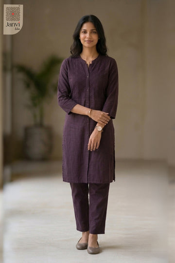 Full front pose of Majesty Nirvi in wine from the 2 piece outfits for ladies collection.